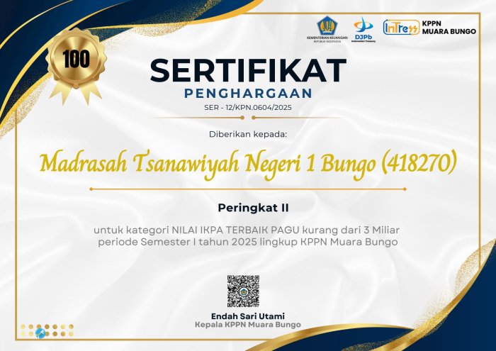 MTsN 1 Bungo Raih Peringkat 2 IKPA dari KPPN Muara Bungo