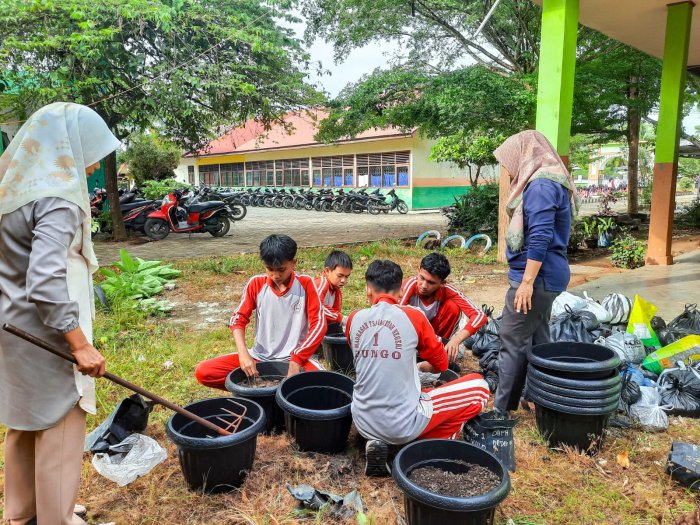 Siswa MTsN 1 Bungo Galakkan Penghijauan, Kumpulkan Pupuk Kandang untuk Tanaman Bunga